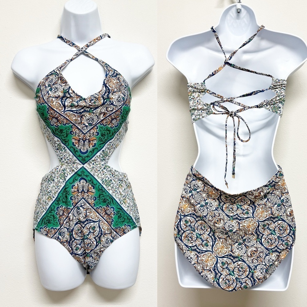 Tory Burch Womens Mixed Print Cut Out One Piece Strappy Swim Suit Size M